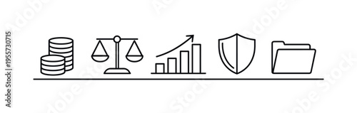 Professional financial advisory and portfolio management for balanced investment strategy and sustainable wealth development over time, coin stack, balance scale, bar chart, shield