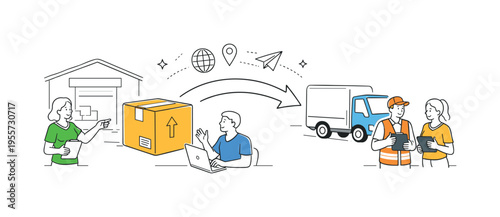 Logistics supply chain coordination scene where a small operations team manages product movement between warehouses and delivery routes, representing efficient global distribution