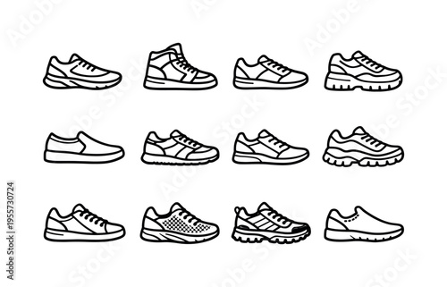 Athletic sneaker footwear: running shoe side profile, high top basketball sneaker, low top training sneaker, chunky platform sneaker, slip on casual sneaker, retro sport sneaker