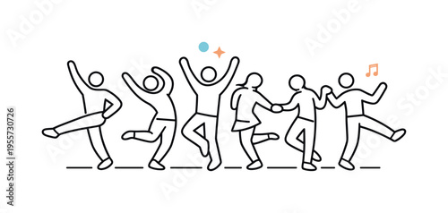 Group of people participating in a coordinated dance activity representing teamwork and social connection in a modern lifestyle context, a simple lineup of human figures in