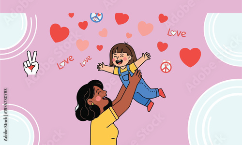 A cartoon illustration of a woman holding a little girl with hearts floating in the air