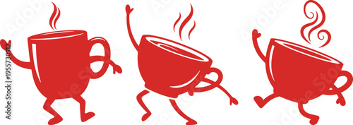 Three animated coffee cups dancing with steam rising from their tops