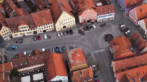 Aerial view of the old town city Feuchtwangen in south Germany, Bavaria . On a cloudy day in autumn. 
