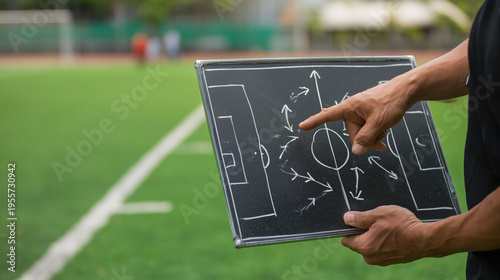 Soccer coach holding chalkboard tactics board, explaining strategy and formation during training session, highlighting teamwork, planning, and game analysis.