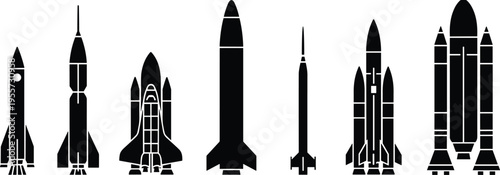 Rocket silhouettes collection, space exploration designs, spacecraft icons, launch vehicle shapes, aerospace technology, futuristic rockets, black outlines, science illustration, vector art