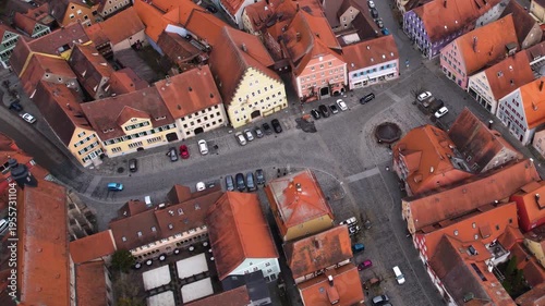 Aerial view of the old town city Feuchtwangen in south Germany, Bavaria . On a cloudy day in autumn. 