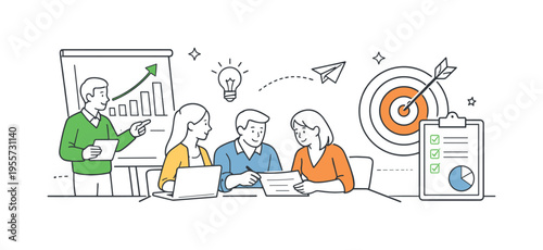 A small team analyzing business performance and planning future strategies in a structured and data-driven workspace, focusing on productivity and growth, represented by a clear