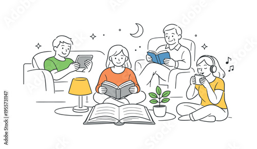 A relaxing evening routine scene where people unwind at home with books and quiet activities in a comfortable indoor space, expressed through a simple visual metaphor of an open