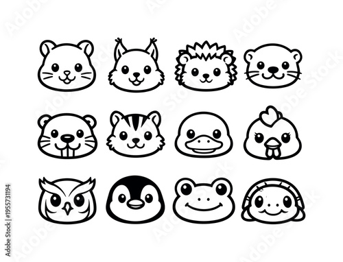 Cute animal avatars set: hamster head, squirrel head, hedgehog head, otter head, beaver head, chipmunk head, duck head, chicken head, owl head, penguin head, frog head, turtle head