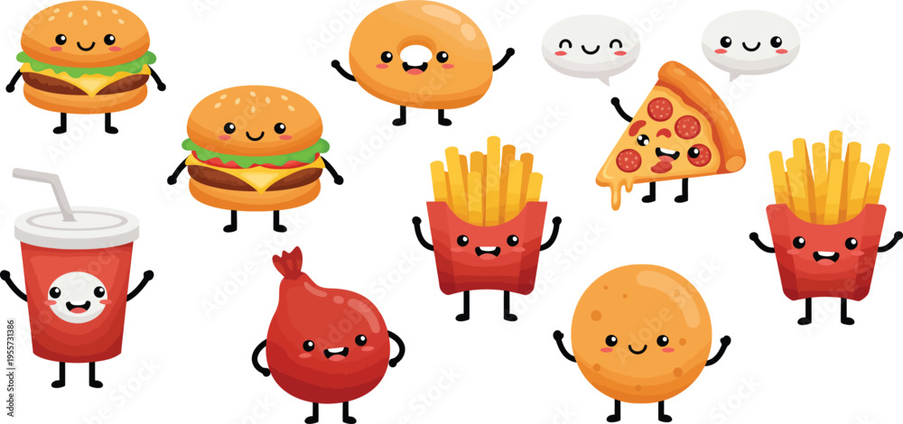Obraz premium Cartoon fast food characters with smiling faces and arms and legs