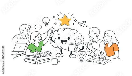 Learning and thinking concept where a cheerful brain character interacts with people studying and exchanging ideas in a collaborative environment, a stylized brain figure and a