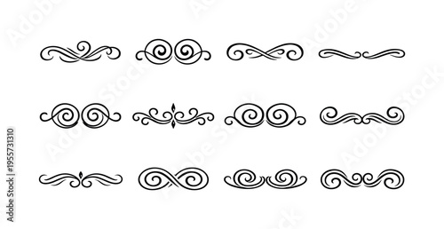 Vintage swirl ornaments: elegant swirl flourish, mirrored spiral ornament, decorative curl flourish, classic curved divider, ornamental swirl line, double curl spiral, symmetric