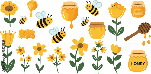 Honey bees collecting nectar from flowers with honey jars and combs