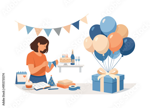A festive home setting where a person prepares decorations and organizes a birthday celebration for someone special, focusing on thoughtful planning and emotional connection, a