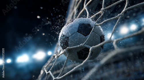 Soccer Ball Scoring Goal in Net – Dramatic Close-Up Football Goal Moment with Motion and Stadium Lighting
