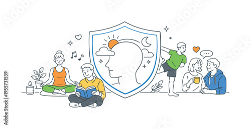 World Mental Health Day self-care and emotional support concept illustrating individuals engaging in calming activities and seeking balance in daily life, using a protective shield
