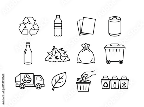 Recycling and waste sorting: recycle arrows triangle, plastic bottle, paper sheet stack, aluminum can, glass bottle, compost pile, trash bag tied, garbage bin with lid, recycling
