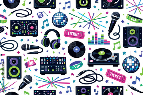 DJ and club music collage seamless pattern for nightlife and electronic music themes featuring DJ controller, headphones, turntable, vinyl record, speaker, mixer, equalizer bars,