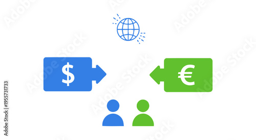 International Currency Exchange Illustration. Global Money Transfer, Forex Trading, and Cross-Border Payment System Icon with Dollar and Euro Symbols.
