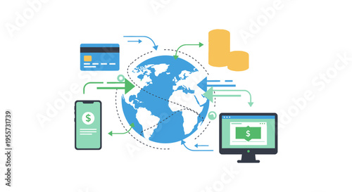 Global Digital Payment Network: International Money Transfer, Online Banking, Mobile Finance, and Cross-Border E-commerce Transaction Flow.