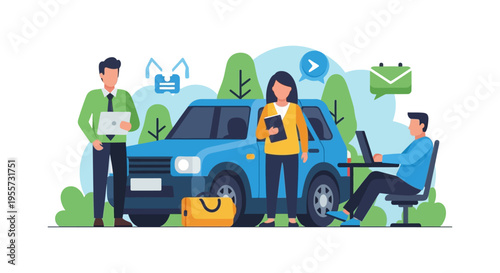 Corporate Mobility and Business Travel Planning Illustration. Flat Vector of Team Managing Logistics, Remote Work, and Car Rental Service.