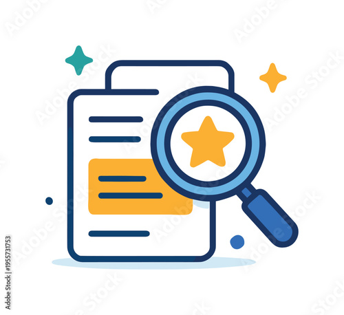 Online research and information discovery focused on finding accurate results quickly and clearly, a magnifying glass hovering over a simple document and one highlighted star icon