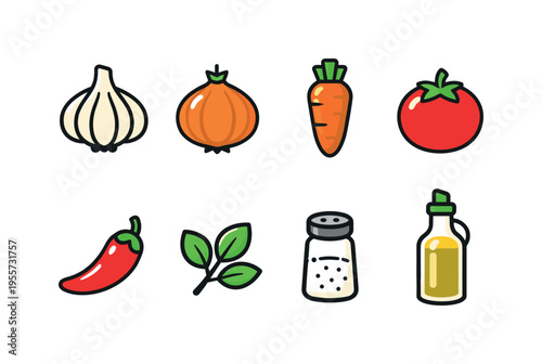 Food preparation ingredients: garlic bulb, onion vegetable, carrot vegetable, tomato vegetable, chili pepper, herb leaf sprig, salt shaker, olive oil bottle