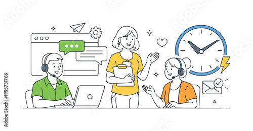 A small team providing customer support through digital channels, managing requests and delivering solutions in a timely and organized way, represented by a clear visual metaphor