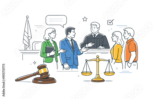 Courtroom legal process moment where a judge, lawyers, and participants stand within a courtroom discussing a legal matter, a judges gavel and balanced justice scales forming the