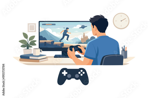A focused digital entertainment moment where an individual enjoys immersive interactive experiences after completing daily responsibilities in a calm organized interior environment