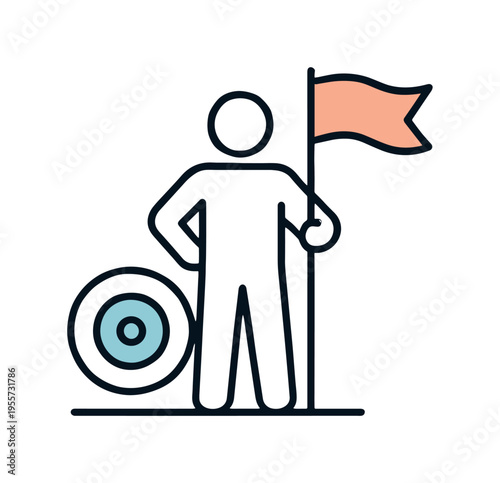 Achievement and leadership responsibility in reaching an important milestone, a person figure standing proudly while holding a flag next to a simple target circle symbolizing