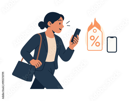 A consumer savings awareness scene where an individual quickly recognizes valuable purchase opportunities during a busy lifestyle routine, visual metaphor of a clean price tag