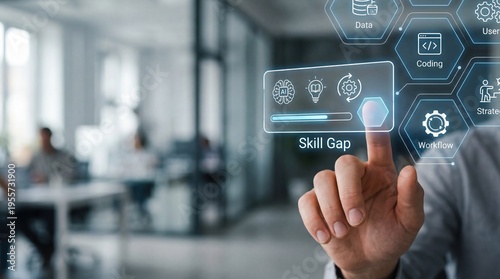 AI skills gap - Close-up of a hand reaching toward a digital interface showing an incomplete skill tile with a missing piece labeled 