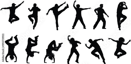 Dance silhouettes, hip hop dancers, breakdance moves, contemporary dance, energetic performance,