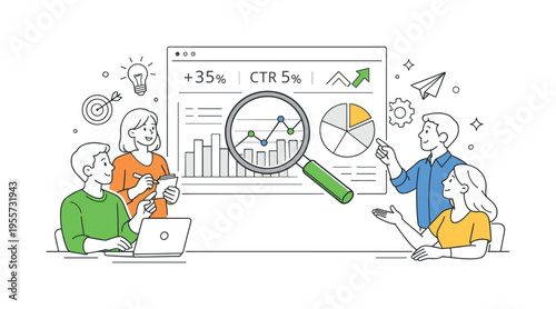Marketing performance analysis and business decision-making concept showing a team reviewing campaign results and optimizing strategies in a collaborative workspace, using a