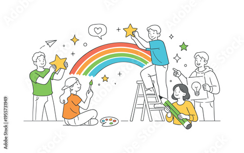 Positive lifestyle and joyful expression concept showing people using colorful decorative elements to enhance creative projects and uplifting designs, using a rainbow and small