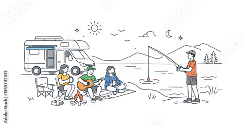 Outdoor leisure travel scene where a small group of campers relax beside a lake after arriving in a camper van while one person fishes from the shore, a camper van and a fishing