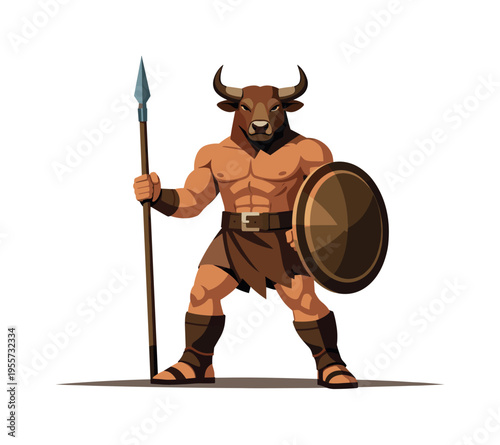 Ancient mythology and heroic legend represented through a powerful bull headed warrior standing firmly with a simple spear and shield, the strong muscular figure forming the