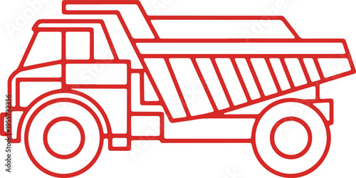 A red line drawing of a dump truck with an open back for loading materials