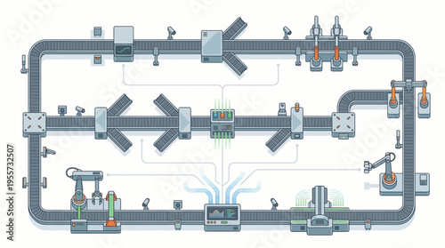 Industrial pipeline system with various machinery.