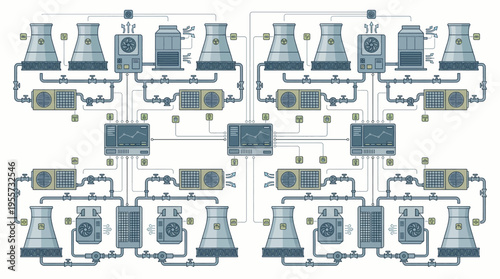 Industrial process flowchart with machinery.