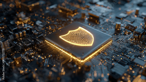 Futuristic AI Microchip with Glowing Shield Cybersecurity Concept on Advanced Circuit Board