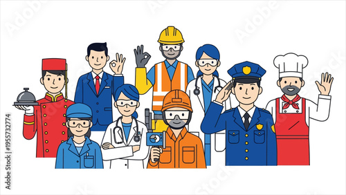  Men and Women Working Across Various Industries – Hospitality, Construction, Healthcare, Police, and Food Service – Simple and Stylish Vector Illustration Set
