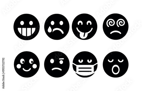 Mood expression faces: big grin face, tear drop crying face, tongue out playful face, dizzy spiral eyes face, blushing cheeks face, skeptical raised eyebrow face, mask face, sleepy