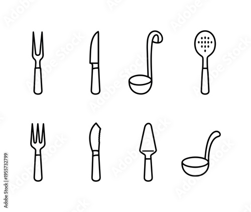 Kitchen serving utensils: carving fork, steak knife, ladle spoon, slotted spoon, serving fork, fish knife, cake server spatula, gravy ladle