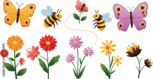 Cute butterflies and flowers cartoon illustration pattern