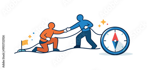 Leadership development and coordinated effort during a symbolic journey toward success highlighting trust and structured cooperation, a minimal rope line connecting two flat