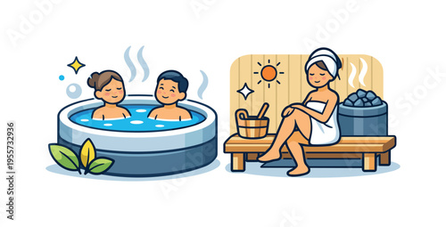 Luxury wellness and self care routine highlighting a peaceful spa moment where people unwind in warm water and enjoy the heat of a sauna session, a round hot tub with rising steam