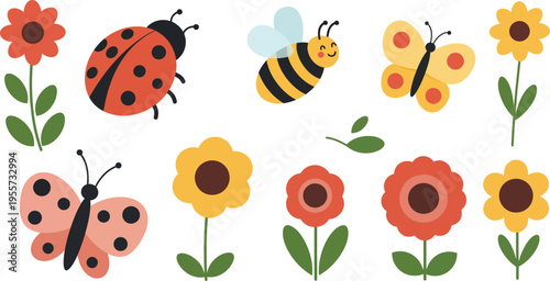 Seamless pattern of flowers with ladybirds cartoon design