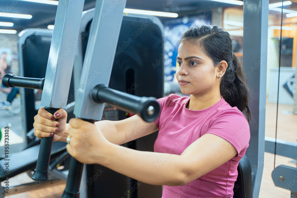 Fototapeta premium Indian Woman Performing Butterfly Exercise on Pec Deck Machine During Chest Workout in Modern Gym